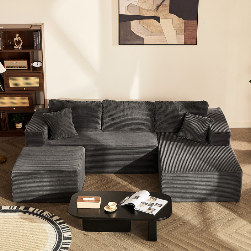 Joyic 272 cm U-vormige zitbank zonder armleuning met ottomane, Corduroy, GrijsGeen montage vereist, Diep zitontwerp, Zachte corduroy bekleding, Flexibele modulaire indeling