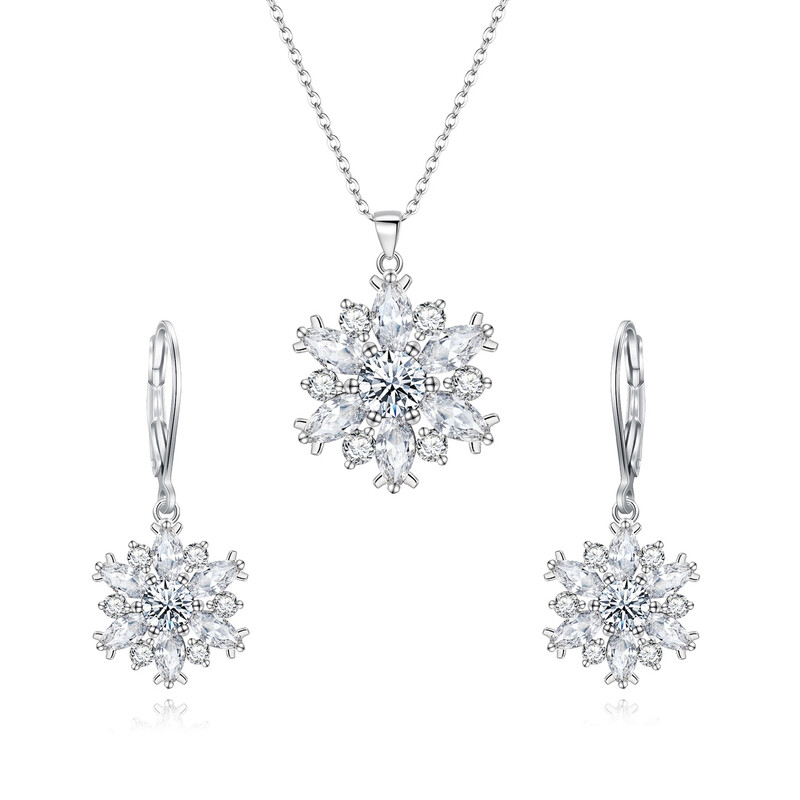 Cubic Zirconia Snowflake Necklace and Dangle Earring Set