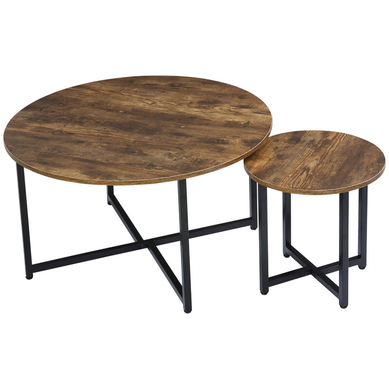 Coffee & Side Table Set Industrial Round Rustic Brown/Black