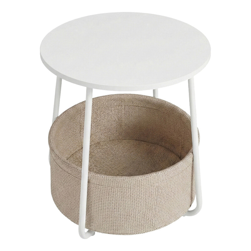 JOYFURNOS Runder moderner Beistelltisch mit Stoffkorb – 45x45x51cm,Mattwei? & Kamelbraun, kompakter Endtisch für Wohnzimmer oder Schlafzimmer – stilvoll & stauraumfreundlich
