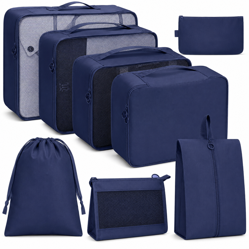 VoxorAI Reise-Set in Marineblau: 8-teilig, bestehend aus Reisetasche, Kosmetiktasche, Kleidersack und Kulturbeutel.