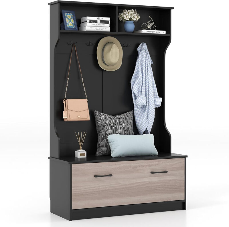63 Inches Hall Tree with Coat Rack and Storage Bench-Black