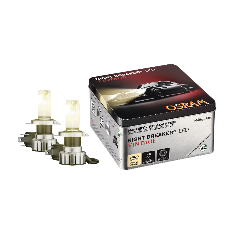 OSRAM NIGHT BREAKER LED Vintage H4 + R2-adapter, 3000K, warmwitte kleurtemperatuur, tot 330% meer helderheid, voor klassieke auto's