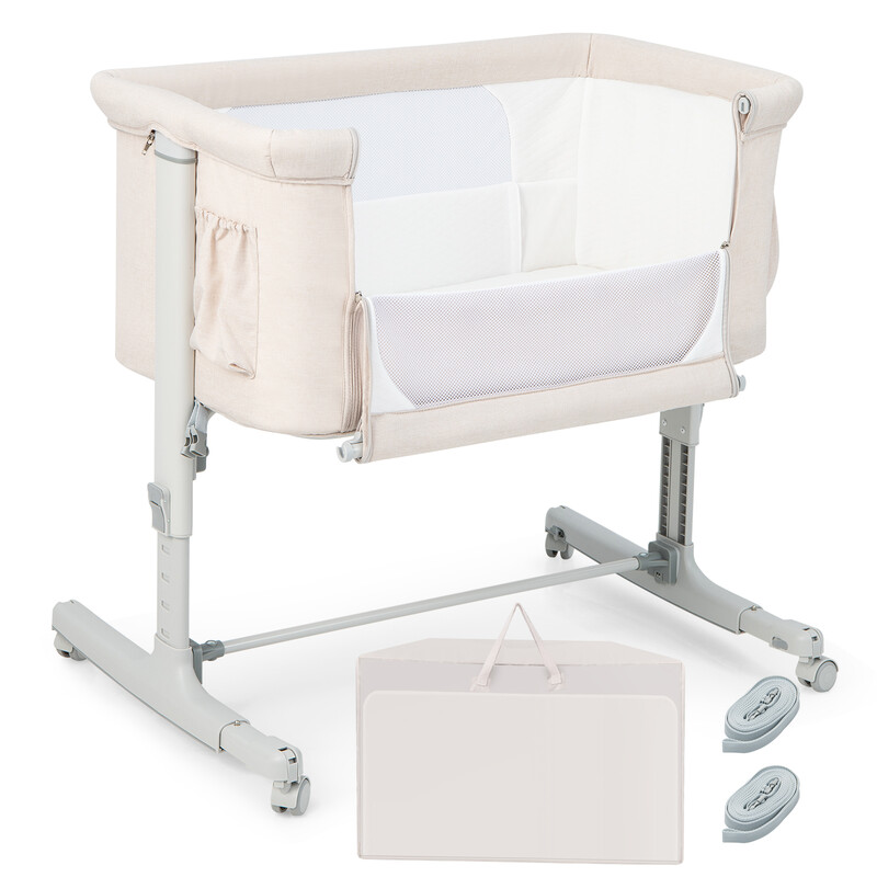 Tragbare Baby-Bettgitter mit 5-Stufiger Höhenverstellung und Reisebeutel – Beige