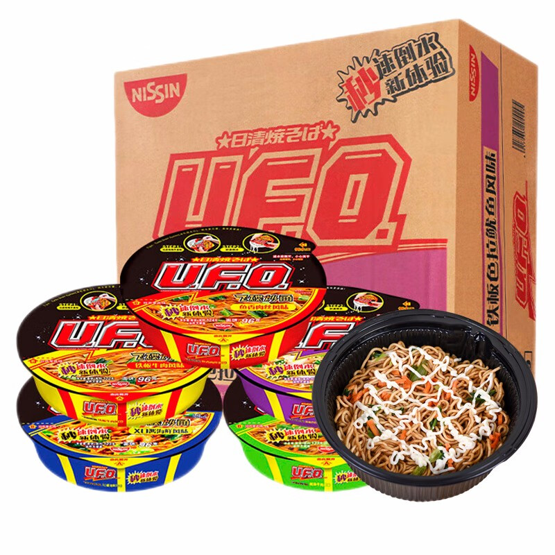 Riqing UFO 124g Dish-Shape Stir-Fry Noodles - Fish-Flavored Shredded Pork, 124g x 12