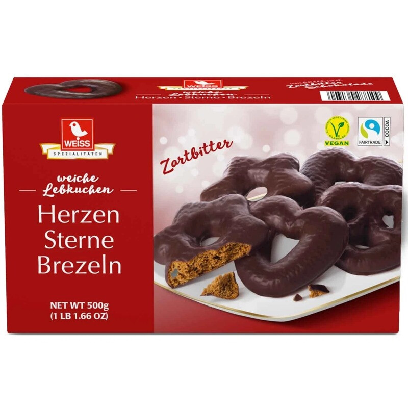 Weiss Schokoladen-Lebkuchen Zartbitter-Herzen/-Sterne/-Zöpfe, 500 g Dose