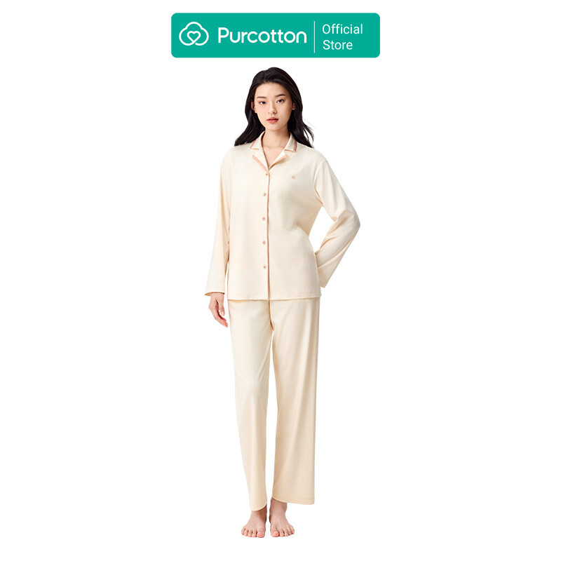 Women's Lustrous Cotton Brushed Loungewear Set, Moonlight White, Top: UK 12 (M); Bottom: UK 12 (M)