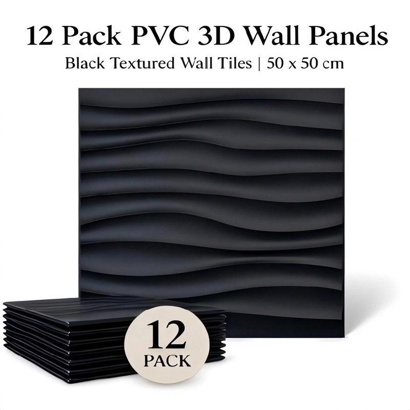 LONGKING Selbstklebende PVC 3D-Wandpaneele 12er-Pack, 50x50 cm, schwarze strukturierte Innenwanddekoration für Wohnzimmer & Küche