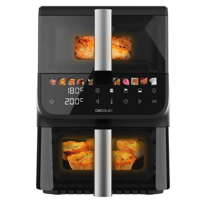 Cecotec 2000 W 10 L Heißluftfritteuse – Cecofry DuoLevel 10000 DuoSize Window, ölfreie digitale Heißluftfritteuse mit übereinanderliegenden Doppelkörben (3,5 L & 6,5 L), 10 Voreinstellungen, Touch-Panel
