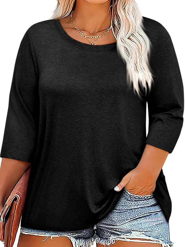 Plus Size Tops for Women 3/4 Sleeve Casual T Shirts Loose fit Tunic Blouse (black， L)