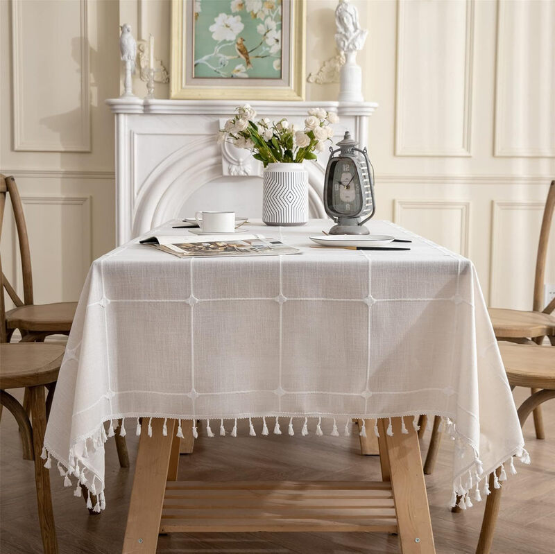 Rustic Embroidered Tablecloth Lattice Rectangle Tassel Table Cover Dust-Proof for Kit