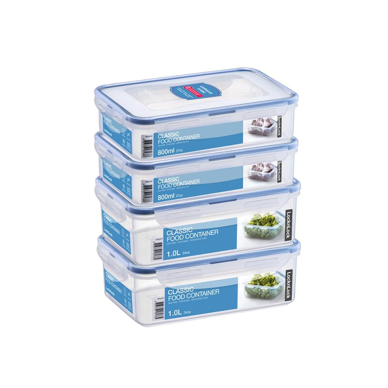 LocknLock Frischhaltedosen 4er-Set – Transparente rechteckige PP-Kunststoffboxen mit luftdichten Deckeln, 2×0,8 L & 2×1 L, stapelbar, mikrowellen-, gefrier- & spülmaschinenfest