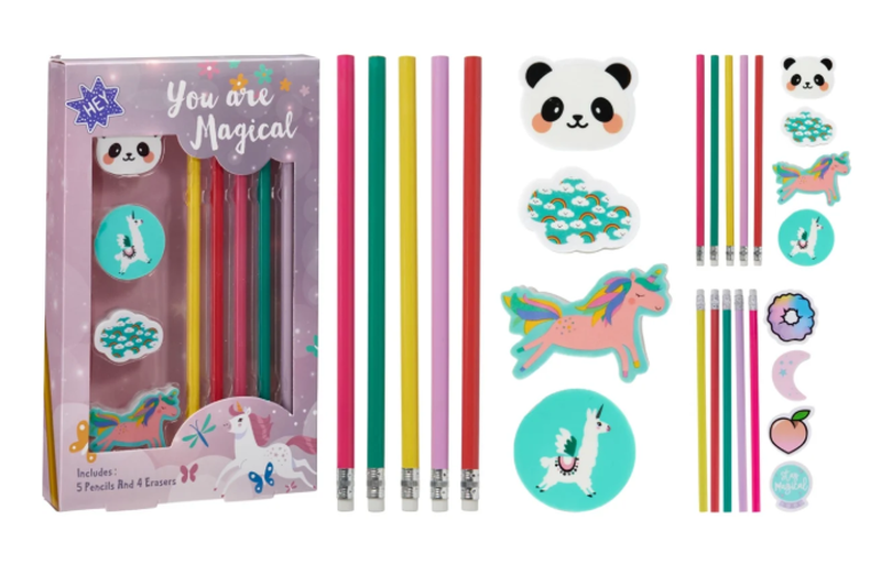 5er-Set Bleistifte aus Pappelholz und 4 Radiergummis in 2 verschiedenen Designs