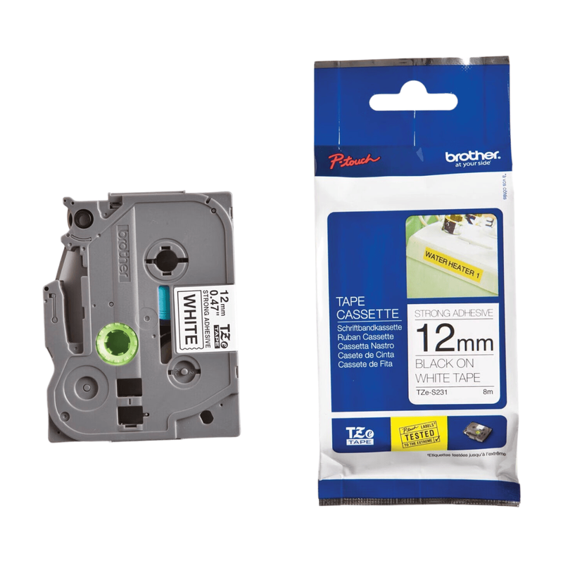 Brother TZE-S231 labelprintertape met extra sterke hechting, zwart op wit