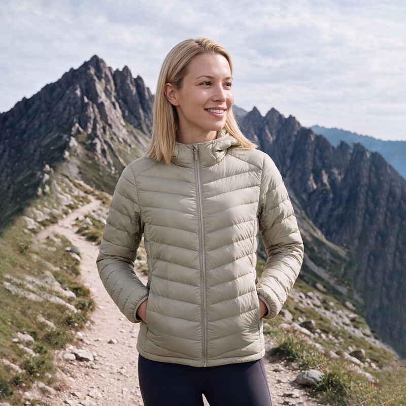 Mobi Garden Damen Outdoor Daunenjacke mit Kapuze in Hafer-Khaki, XL - Leichte Wanderjacke für Sport und Freizeit