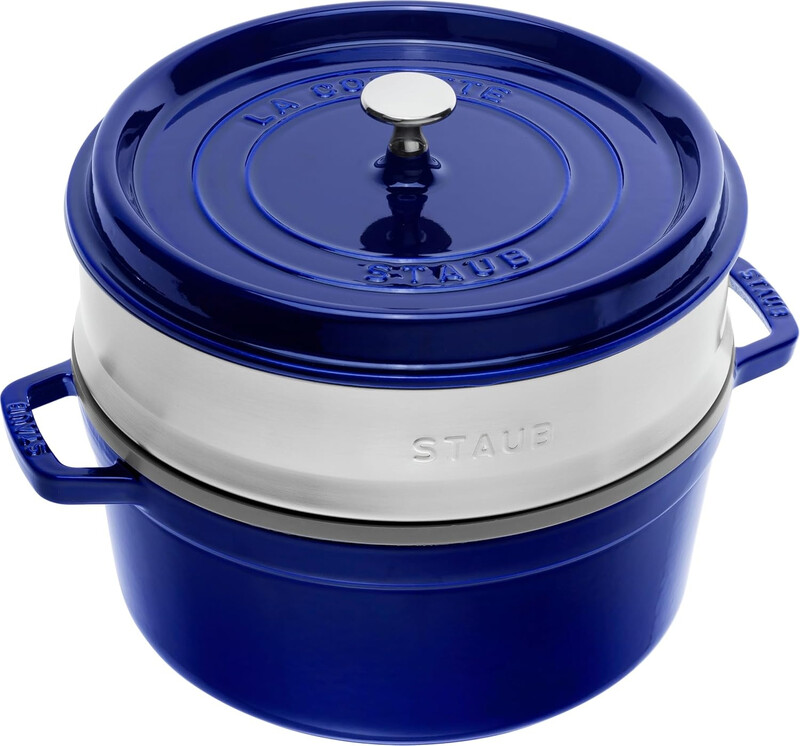 STAUB Gusseisen-Braäter/Cocotte mit Dampfeinsatz, rund 26 cm, 5,2 l, mit mattschwarz emailliertem Innenteil, dunkelblau