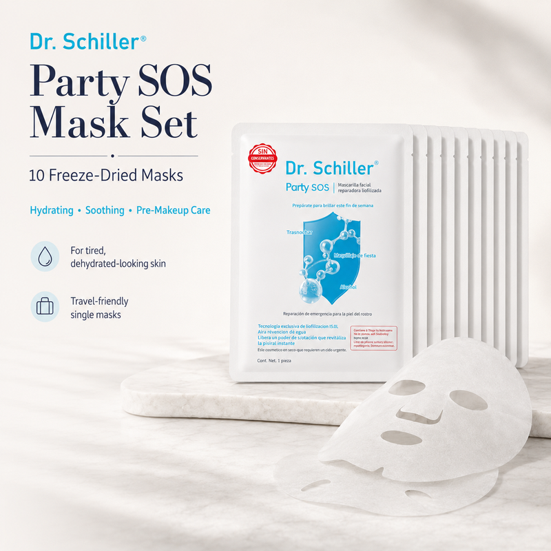 【Angebot: 77 % Rabatt 】Dr. Schiller Party SOS Gefriergetrocknetes Gesichtsmasken-Set, 10 Masken: Feuchtigkeitsspendende, beruhigende & vor der Make-up-Pflege für müde, ausgetrocknet aussehende Haut