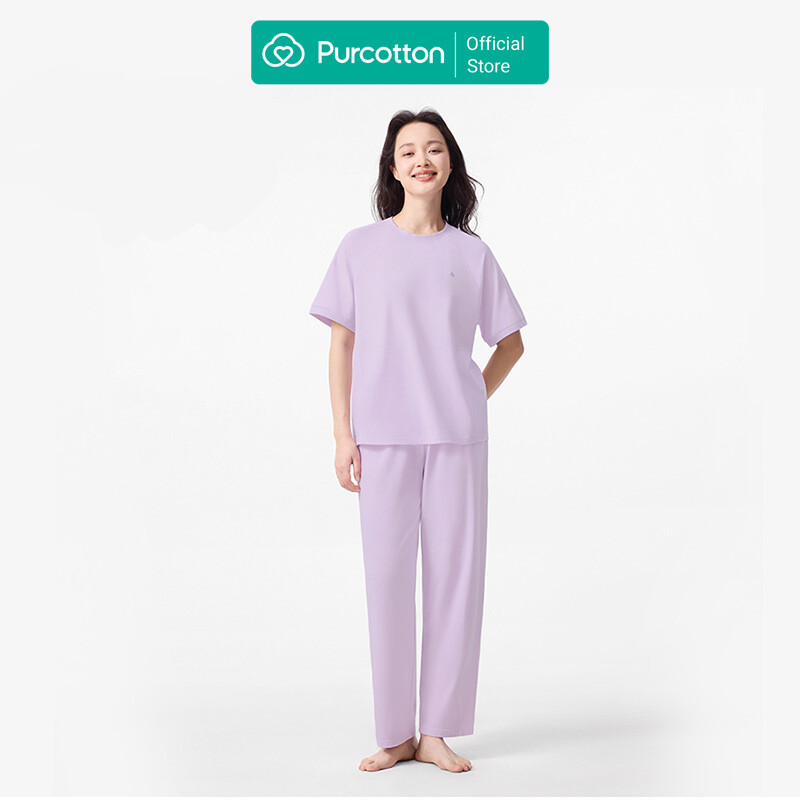 Purcotton Women's Antibacterial Knit Loungewear Set - Long Pants Set - Comfortable & Skin-Friendly - Restful & Casual Style - Raspberry Purple - Top: 160/84A; Bottom: 160/68A