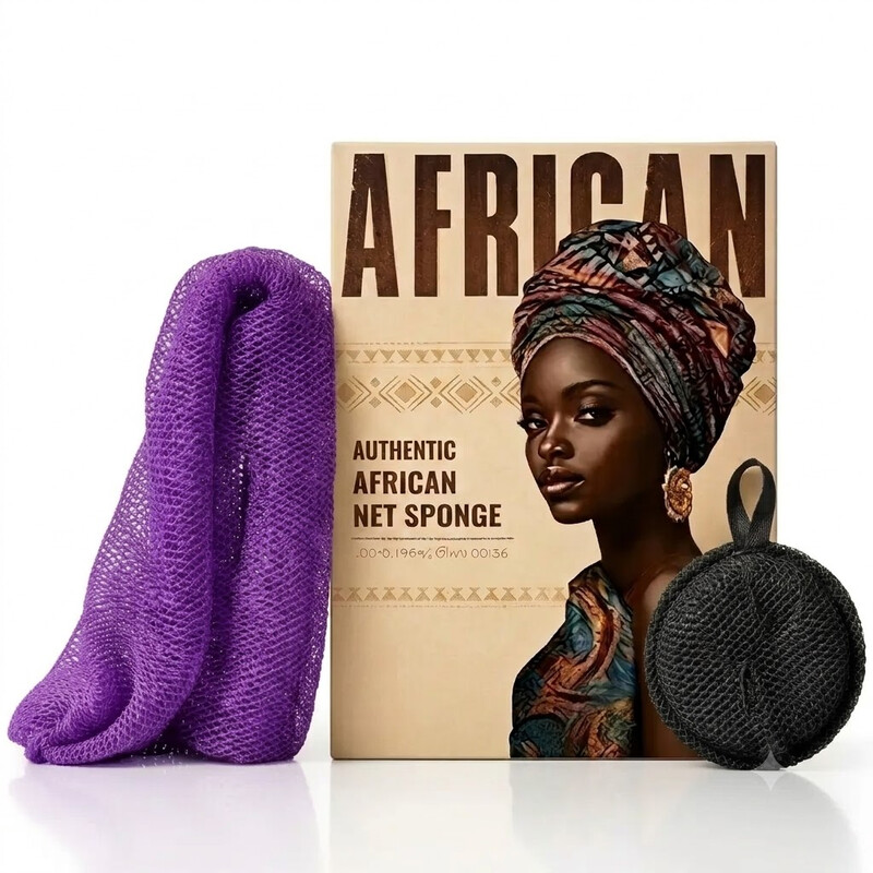 Kit éponge en filet africain-90 g- 1 éponge violette et gommage visage noir
