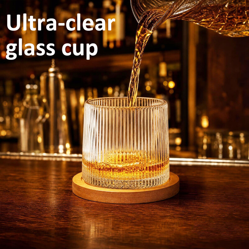 Gestreepte stressverlichtingsbeker, kristalhelder glas, met draaibare houten basis, ideaal voor whiskey, thee, matcha en frisdrank, 12 x 11,5 x 10,5 cm