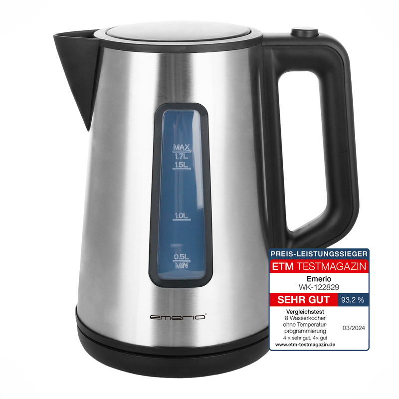 Emerio WK-122829, Waterkoker, 1,7 L, Cool-Touch Behuizing, Automatische Uitschakeling, Roestvrij Staal/Zwart