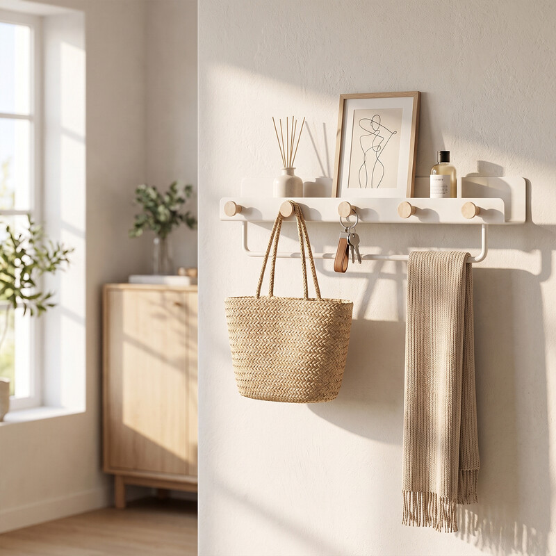 kapanou Schwebende Wandregale mit Rand, Kleiderhaken und Handtuchhalter, Wandregal mit natürlicher Holzmaserung für Badezimmer, Schlafzimmer,