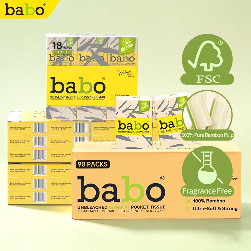 BABO Mini-Bambustaschentücher EU-Norm, 4 Lagen 8 Blatt/Pack, 18 Pack/Bund, 90 Pack/Karton, doppelte Qualitätszertifizierung, ohne Bleiche & Fluoreszenz, reisetauglich