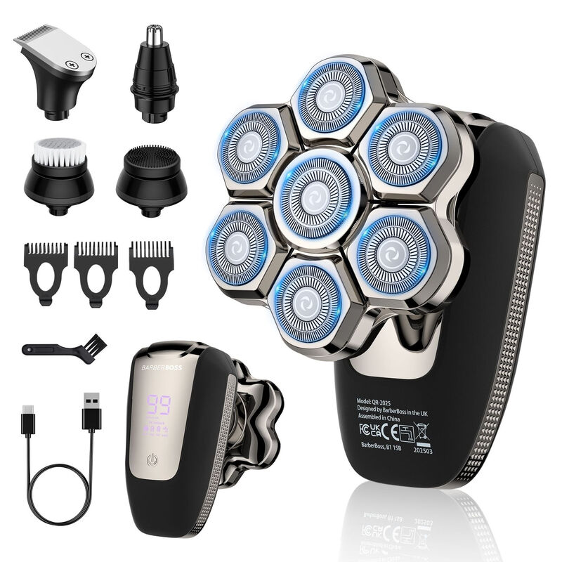 BarberBoss QR-2025 7D Head Shaver for Men, Bald Head Rotary Shaver, 5-in-1 Grooming Kit with LED Display, USB-C Rechargeable, Wet & Dry Electric Shaver, Black