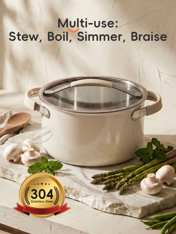 PURECOOK Stock Pot | Tri‑Ply 304 Stainless Steel | With Lid | Detachable Anti‑Scald Silicone Sleeves | Cream Ceramic Exterior | Polished Inner Surface | Elegant Modern Look | Large 24cm(10‑Inch) | For Family Daily Cooking | 5.64 QT | All Cooktops | PFAS‑Free