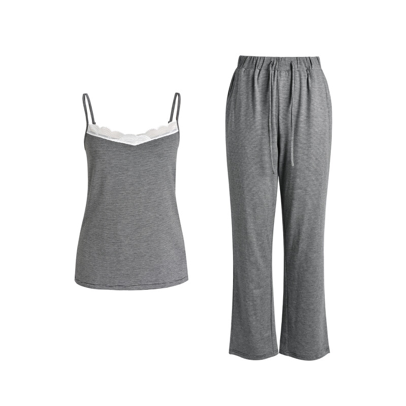 white wide lace v-neck black knitted camisole and knitted pants set L