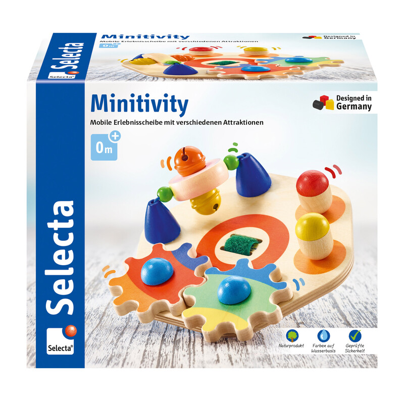 Selecta Minitivity 62036 Holz-Motorikspielzeug 14 cm - 3 Spielstationen, Naturholz, Klettbar
