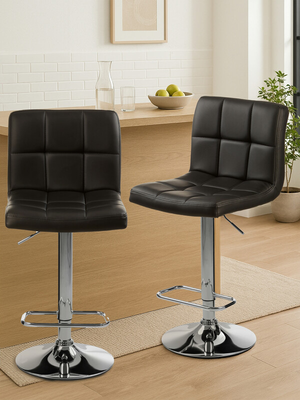 Bar Stool Adjustable Baina Quilted Faux Leather Black/Chrome 2pcs