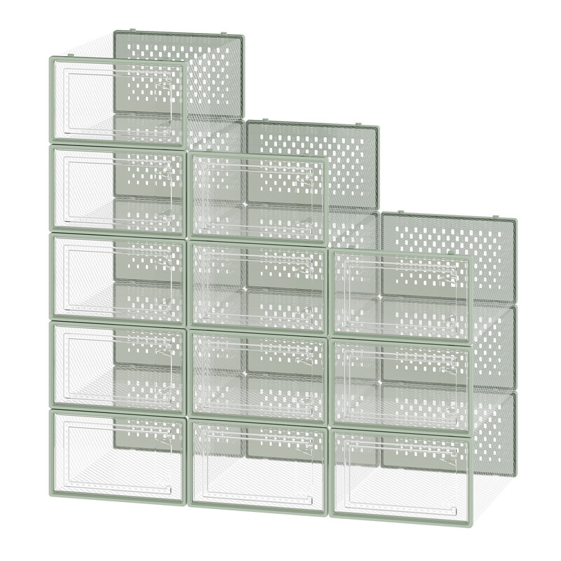 JOYFURNOS 12er-Set stapelbare Sneaker-Aufbewahrungsboxen, Transparente Kunststoff-Schuh-Organizer für Schrank, grün und Transparent