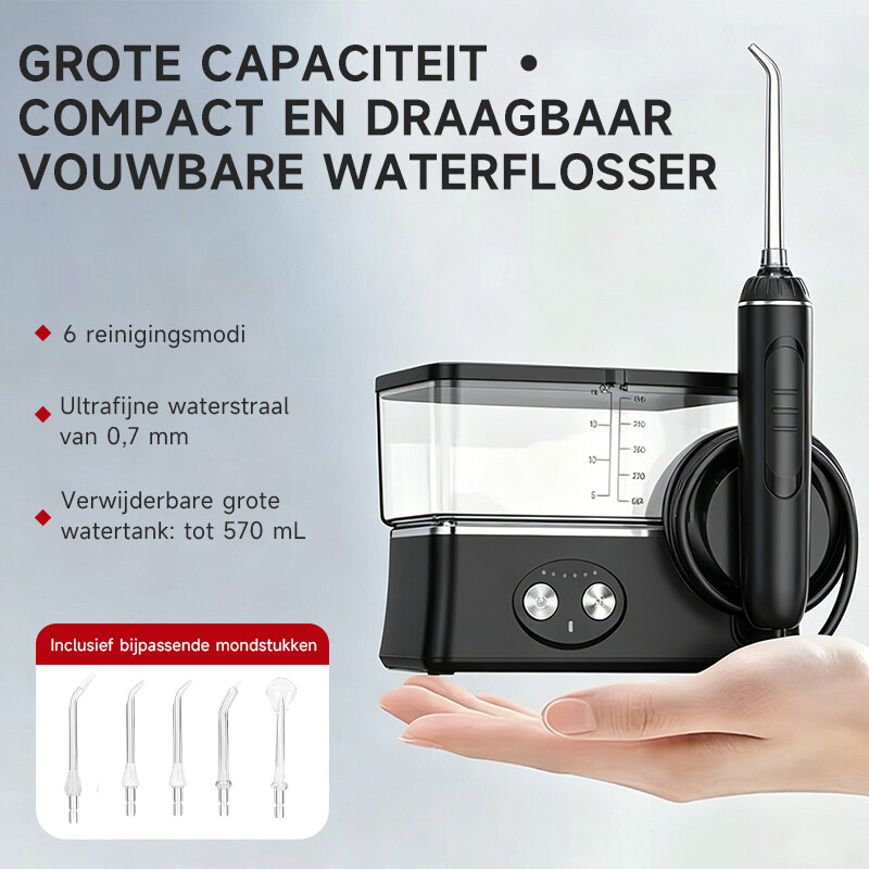 h2ofloss draagbare monddouche, 6 standen, 5 sproeikoppen, 2500 mAh batterij, 570 ml watertank, IPX7 waterdicht, zwart