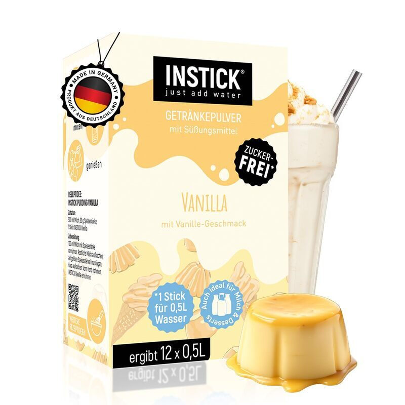 INSTICK Zuckerfreies Instant-Getränk für Milchprodukte (Vanilla) - 1 Packung für 12 x 0,5 L - Ideal für Milch, Joghurt, Skyr, Quark- Vegan & Kalorienarm