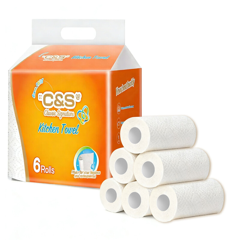 Kitchen Paper Towels, 2-Ply, 390 Sheets (65 Sheets * 6 Rolls), Oil-Absorbent, Water-L