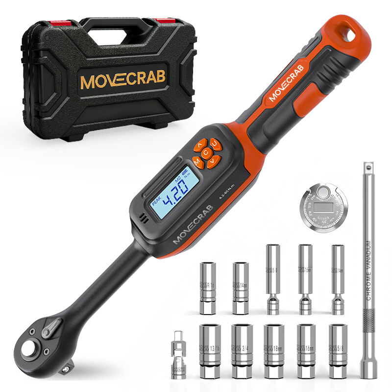 MoveCrab 3/8” digital torque wrench 4.2-85 Nm/3-62 ft-lb with magnetic spark plug wrench, universal joint and extension for cars and motorcycles