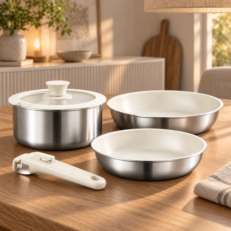 naturepan Töpfe und Pfannen Set keramikbeschichteter Edelstahl Antihaft induktionsgeeignet 20 26 cm beige weiß 5-teiliges Set abnehmbarer Griff