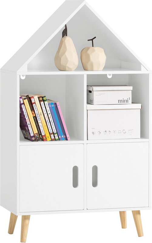 SoBuy Schloss-Bücherregal für Kinder - Weißer Spielzeug-Aufbewahrungsschrank mit 2 Türen & 3 Ablagen, 103x63x30 cm