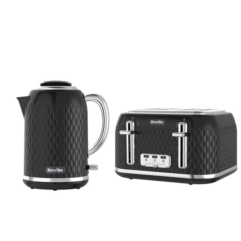 Breville Curve Electric Kettle and 4-Slice Toaster Bundle, 1.7L 3KW Fast Boil, Textured, High-Lift, Wide Slots, Textured, Black & Chrome - VKT017, VTT786
