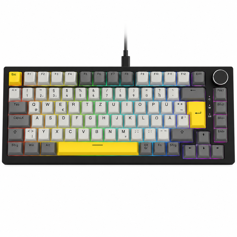 AJAZZ AK820 kabelgebundene mechanische Tastatur, 75%-Gaming-Tastatur mit Lautstärkeregler, deutsches QWERTZ-Layout, 82 Tasten, fünf Schichten Schalldämpfungspad, RGB-Hintergrundbeleuchtung, Hot-Swap für alle Tasten