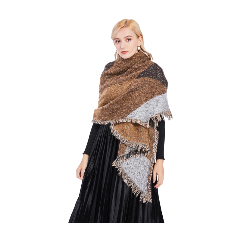 Miss Lulu Damen-Winterschal, langer, weicher, warmer Karo-Wollschal mit Fransen, Kaffee