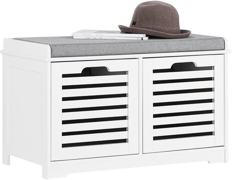 SoBuy Schuhbank Weiß: Mit bequemem Sitzkissen und 2 abnehmbaren Körben für optimalen Schuh- & Zubehör-Stauraum, 71x43x34 cm