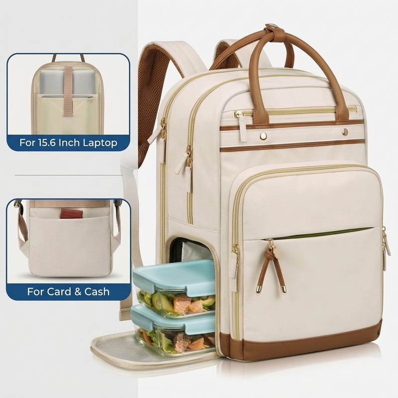 【Kühltasche für den Sommer】 Arbeitstasche mit abnehmbarem Lunchfach, 15,6 Zoll Laptoprucksack für Frauen mit USB und organisiertem Fach, für Lehrer, Universität, Krankenschwester, Beige