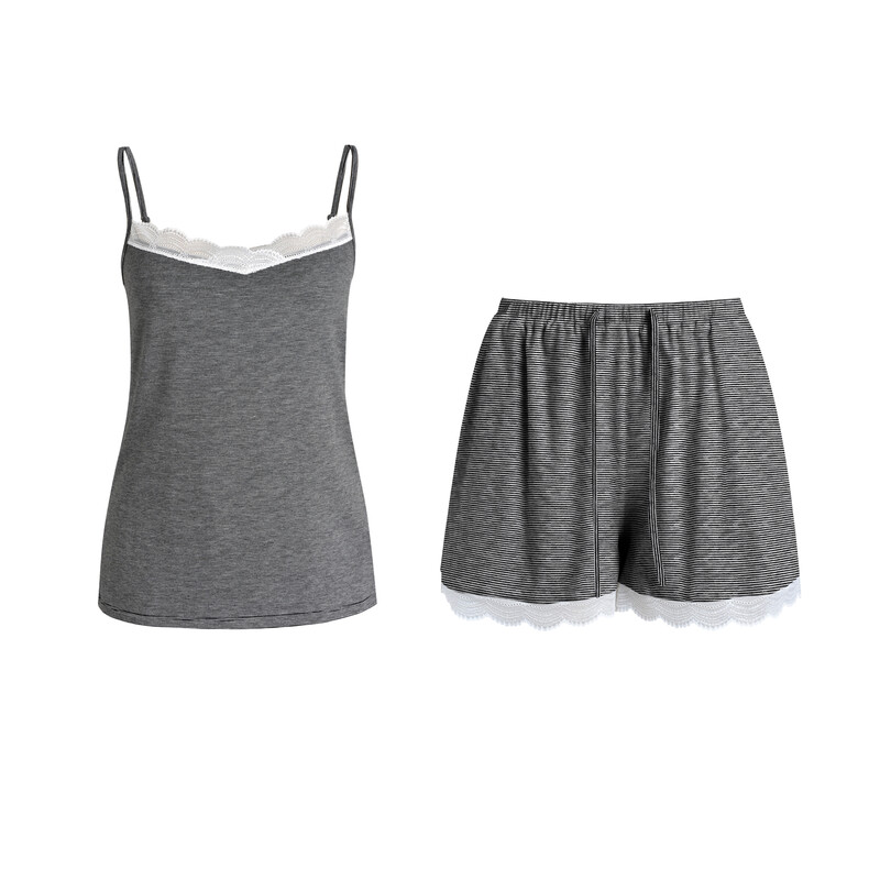 white wide lace v-neck black knitted camisole and knitted shorts set S