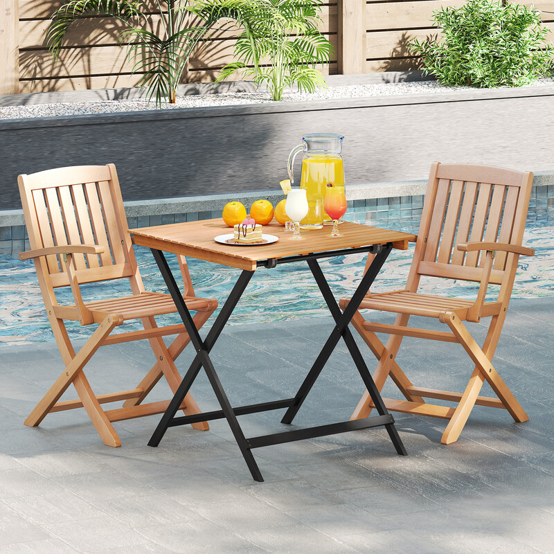 Costway 70CM Garden Patio Folding Table with Slatted Wood Tabletop for Backyard, Balcony & Outdoor Dining Use,