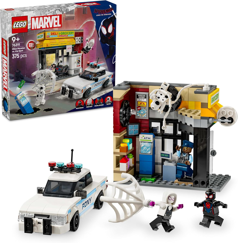 LEGO 76311 Marvel Spider-Verse: Miles Morales vs. Spot - Superhelden Spielset mit Spielzeug Auto - 4 Minifiguren und Mini-Markt - Geschenk für Jungen 