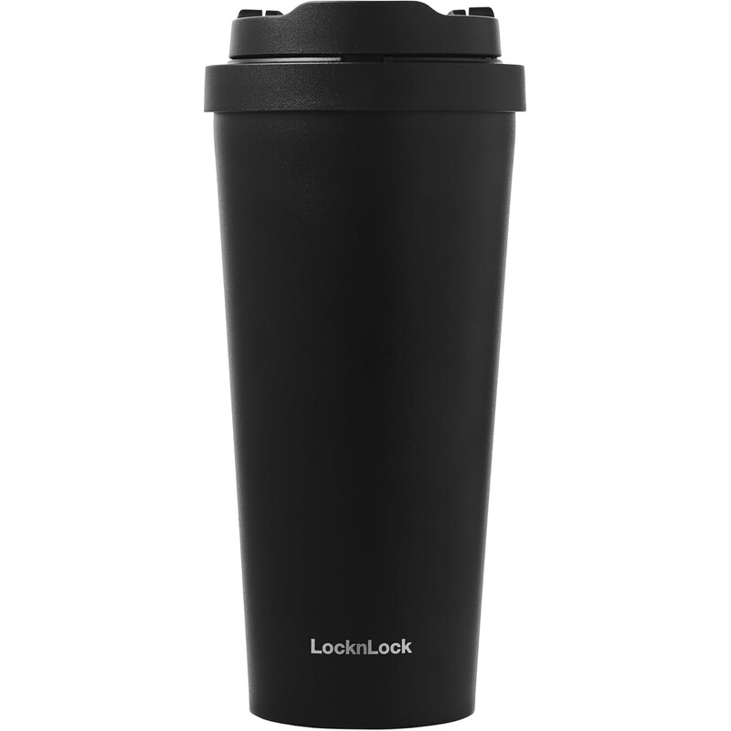 LocknLock 550 ml Edelstahl-Thermobecher für unterwegs, Schwarz, Doppelwandiger Vakuumisolierter Trinkbecher, Ein-Tipp-Deckel mit Sicherheitsverriegelung, Auslaufsicher, Passend für Autogetränkehalter, BPA-frei, Für Kaffee, Tee, Heiß- und Kaltgetränke