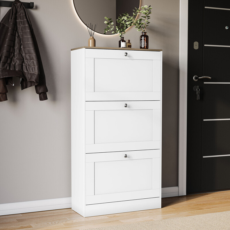 Vida Designs 3 Drawer Panelled Shoe Cabinet, White & Oak