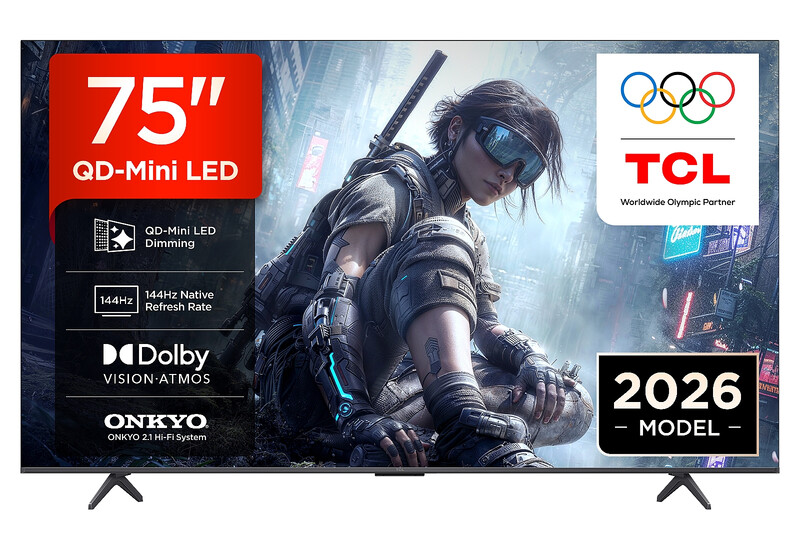 TCL 75T8D 75 Zoll QLED TV mit QD Mini LED Dimming, 4K HDR Ultra HD, Smart Google TV (Dolby Vision, HDR10+ & Atmos, 144 Hz VRR, FreeSync Premium, Onkyo 2.1 Sound, Game Maste
